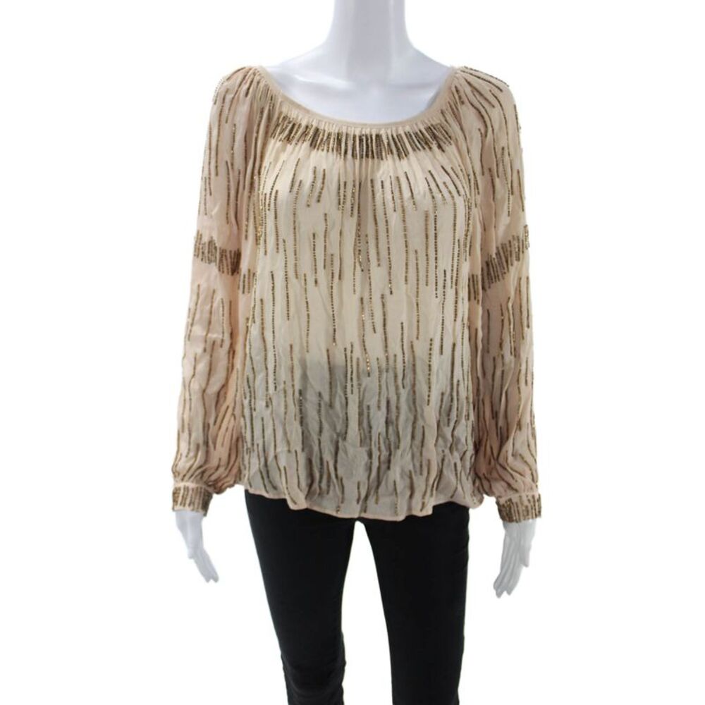 Love Sam Womens Beige Boho Viscose Blouse Longsleeve Button Size XS